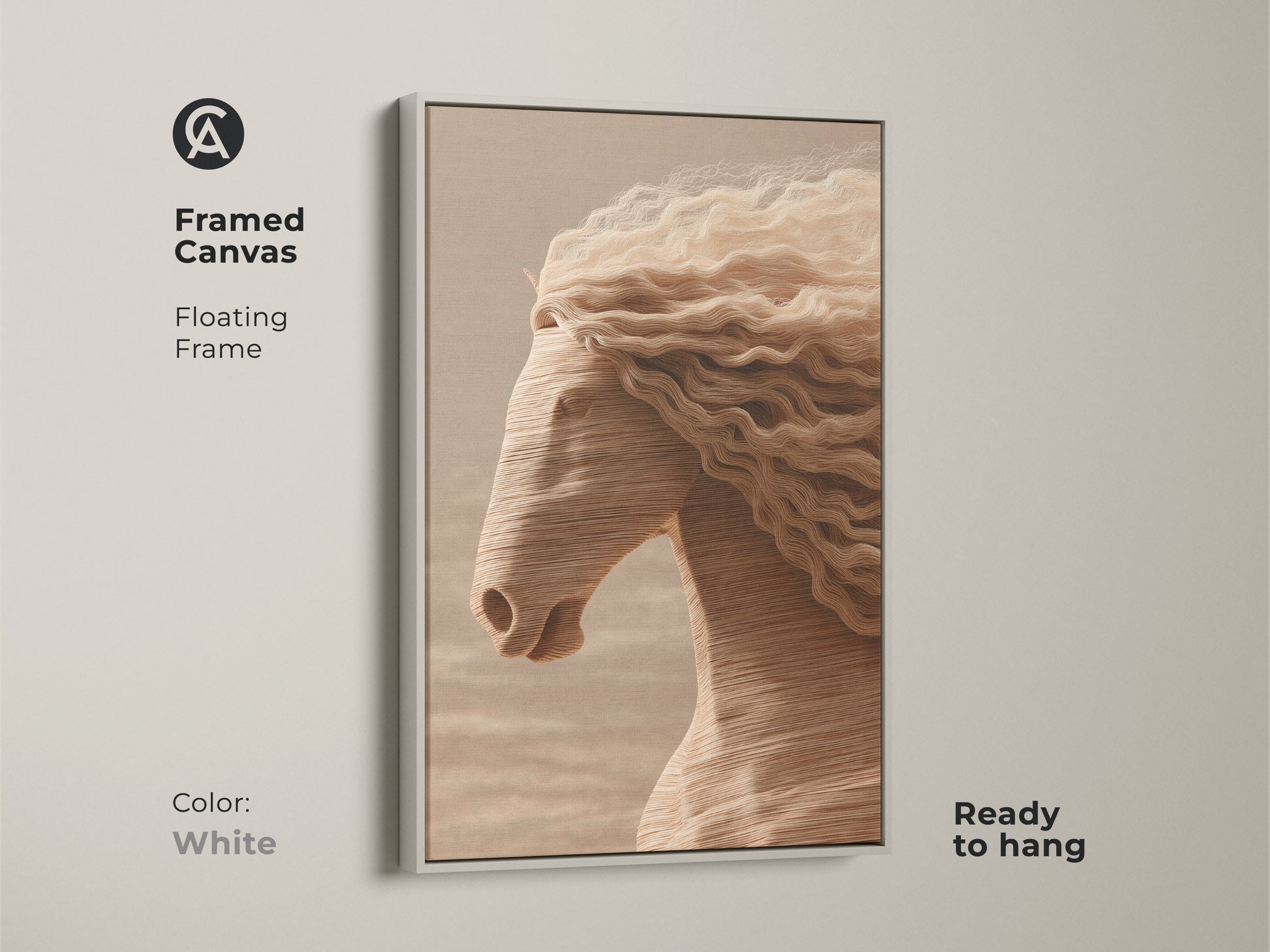 Framed canvas featuring minimalist horse artwork with a white floating frame. The cream tan and beige colors blend seamlessly with any decor. Ready to hang this equestrian art print adds a modern touch. Ideal for neutral bedroom decor and horse lovers.