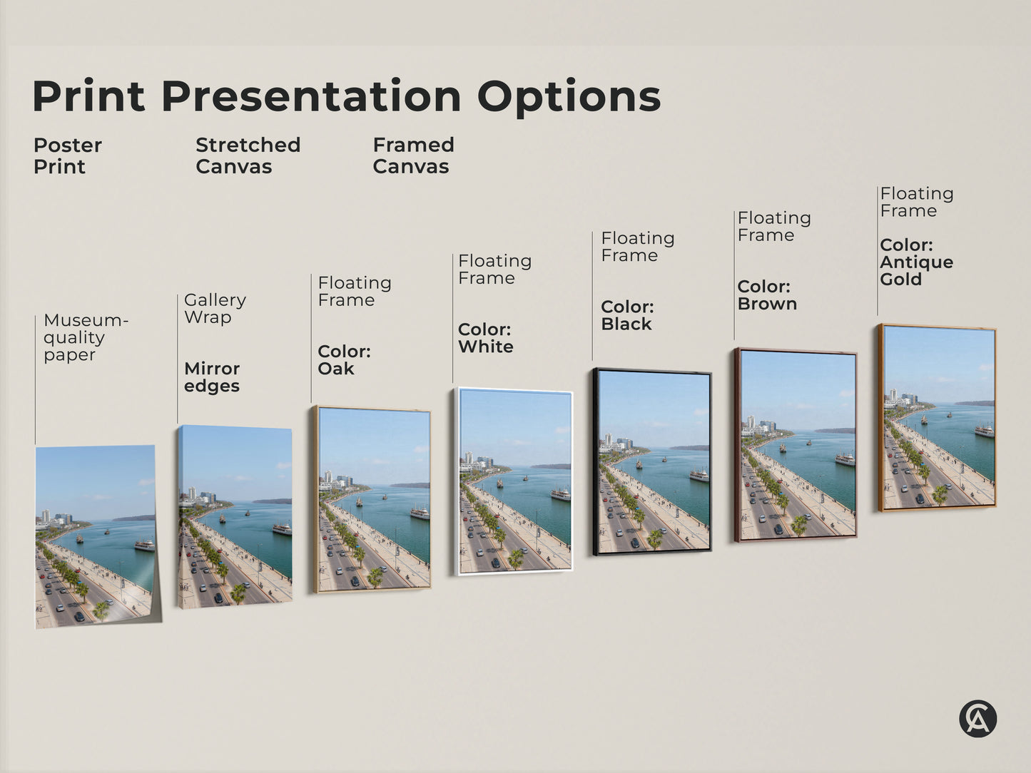 Explore print presentation options for coastal cityscape artwork. Choose poster print stretched canvas or framed canvas. Each style enhances the blue teal travel photography. Perfect for contemporary decor.