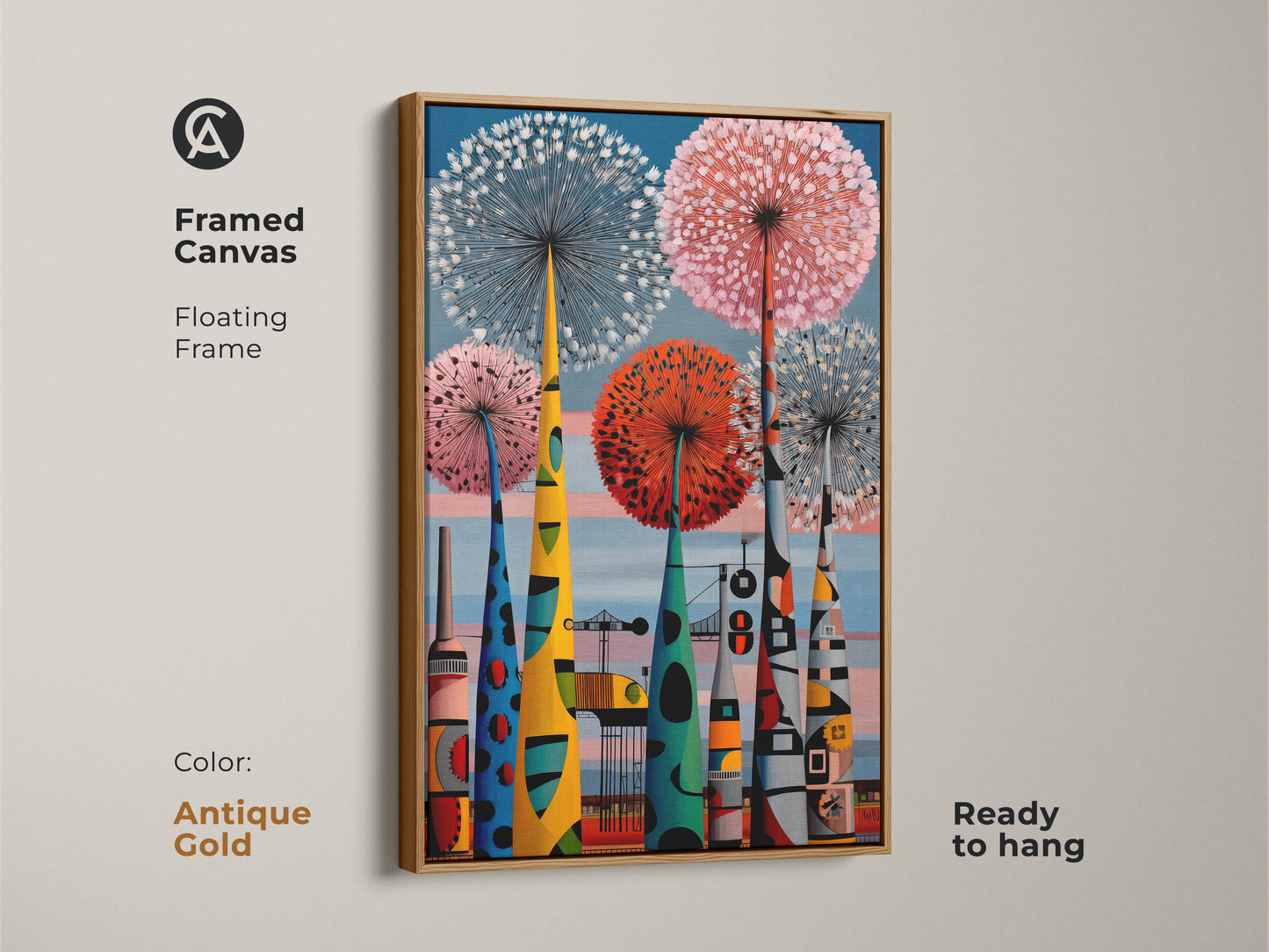 Framed canvas with a floating antique gold frame showing a mid-century modern art print. This colorful retro botanical piece with abstract industrial elements is ready to hang. Ideal housewarming gift.