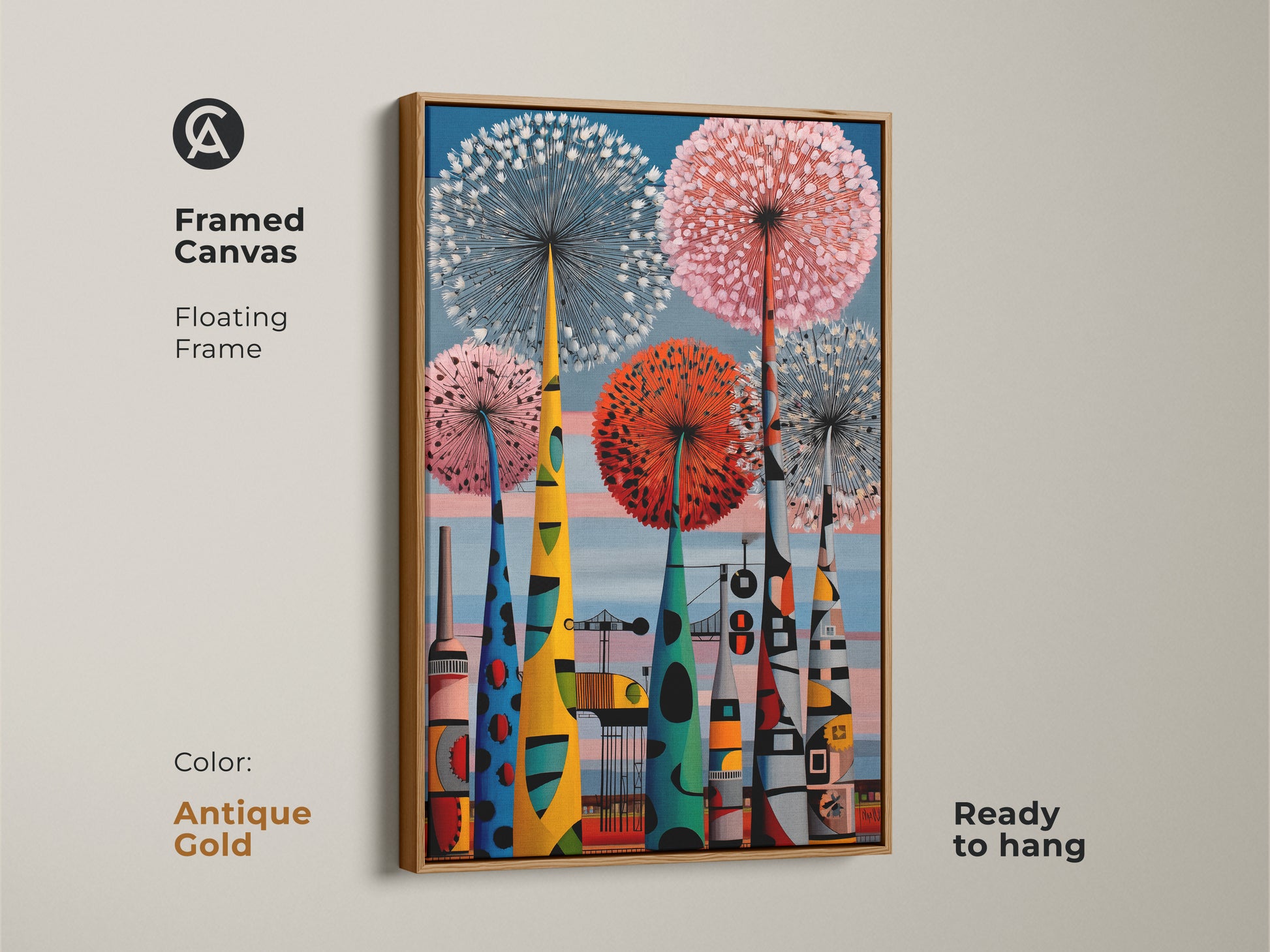 Framed canvas with a floating antique gold frame showing a mid-century modern art print. This colorful retro botanical piece with abstract industrial elements is ready to hang. Ideal housewarming gift.