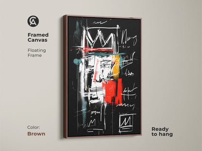 Framed canvas art with a brown floating frame. This abstract crown art offers a warm touch to your walls. The floating frame enhances the artwork's visual impact. Ready to hang and enjoy. Perfect for those who appreciate contemporary design and bold statements.