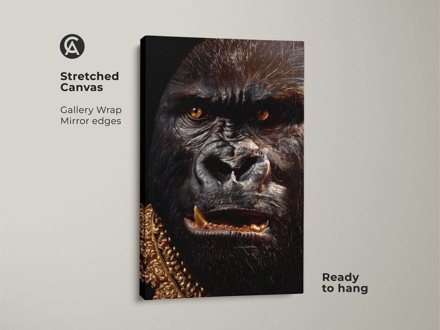 Gallery wrapped canvas print. The artwork features a gorilla with a gold chain. Ready to hang with mirror edges. Buy a stretched canvas of animal art today.