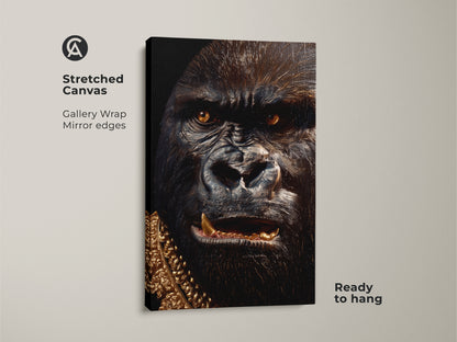 Gallery wrapped canvas print. The artwork features a gorilla with a gold chain. Ready to hang with mirror edges. Buy a stretched canvas of animal art today.