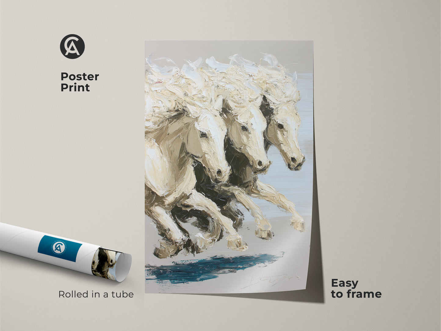 Poster print of impressionistic white horses art rolled in a tube ready to frame. This cream neutral wall art is an easy way to add equestrian home decor to your space. The animal movement art print brings a contemporary touch to any room. It makes a thoughtful gift for a rider.