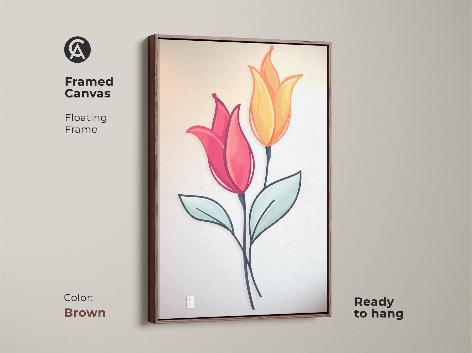 A brown framed canvas shows a pink and yellow tulip artwork on a wall. The botanical floral design offers Scandinavian charm. This framed canvas is ready to hang. The modern folk art style makes it a great housewarming gift. The soft colors brighten any space.