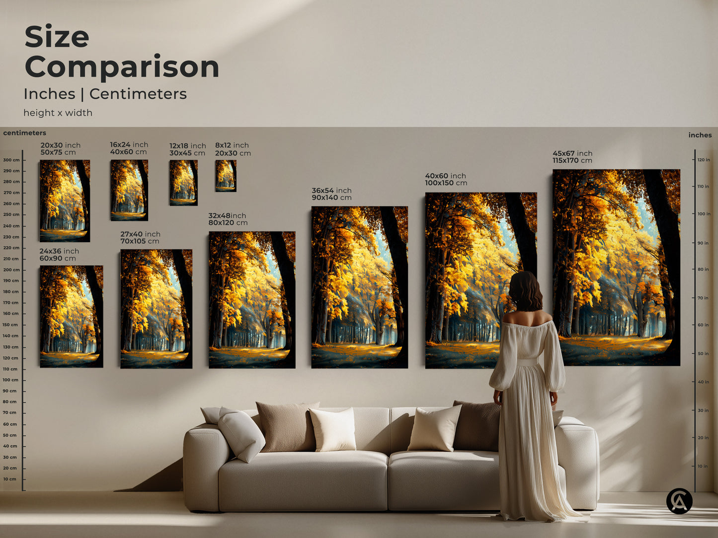 Size comparison of forest artwork prints. See the different dimensions in inches and centimeters. A woman stands next to a large print. Choose the ideal size for your space.