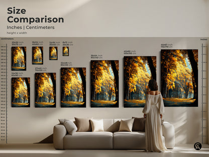 Size comparison of forest artwork prints. See the different dimensions in inches and centimeters. A woman stands next to a large print. Choose the ideal size for your space.