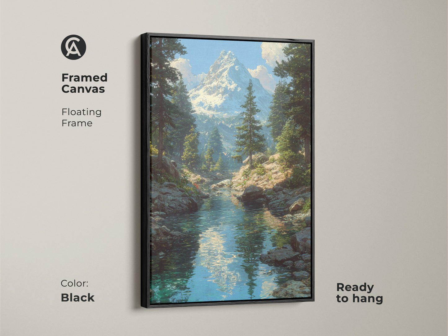 Framed canvas features a snowy mountain river landscape. The black floating frame enhances this traditional nature art. Ready to hang for easy wall decor. The serene scene includes pine trees and a snow-capped peak. Perfect for rustic home style.