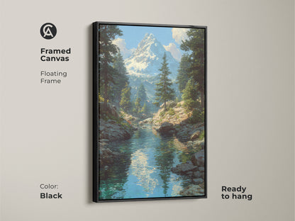 Framed canvas features a snowy mountain river landscape. The black floating frame enhances this traditional nature art. Ready to hang for easy wall decor. The serene scene includes pine trees and a snow-capped peak. Perfect for rustic home style.