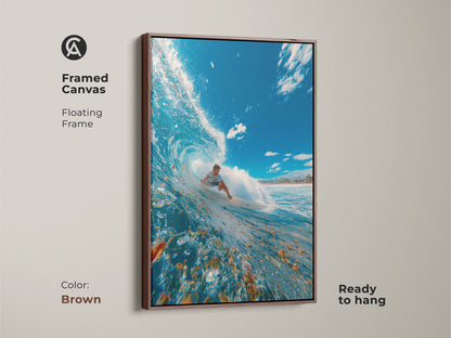 Framed canvas art with a brown floating frame depicting a surfer inside a wave. Ready to hang. The brown frame complements the blue tones of the ocean. This artwork adds warmth and adventure to your walls. Ideal for surf enthusiasts looking to bring the ocean into their home decor.