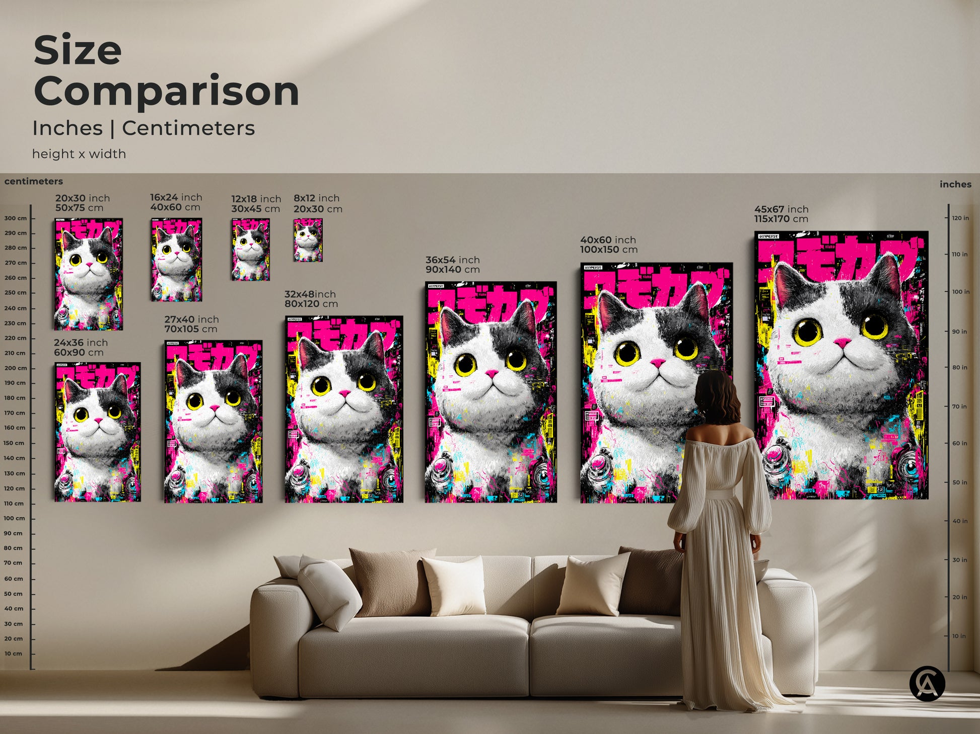 Compare sizes of cat artwork in inches and centimeters. See how the canvas and poster options fit in a living room setting. Choose the ideal size to enhance your space with this modern art piece.