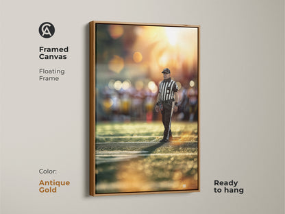 Antique gold framed canvas print of a football referee. The golden hour field scene creates a dramatic sports artwork. The floating frame adds elegance. A unique sports enthusiast gift. Ready to hang.