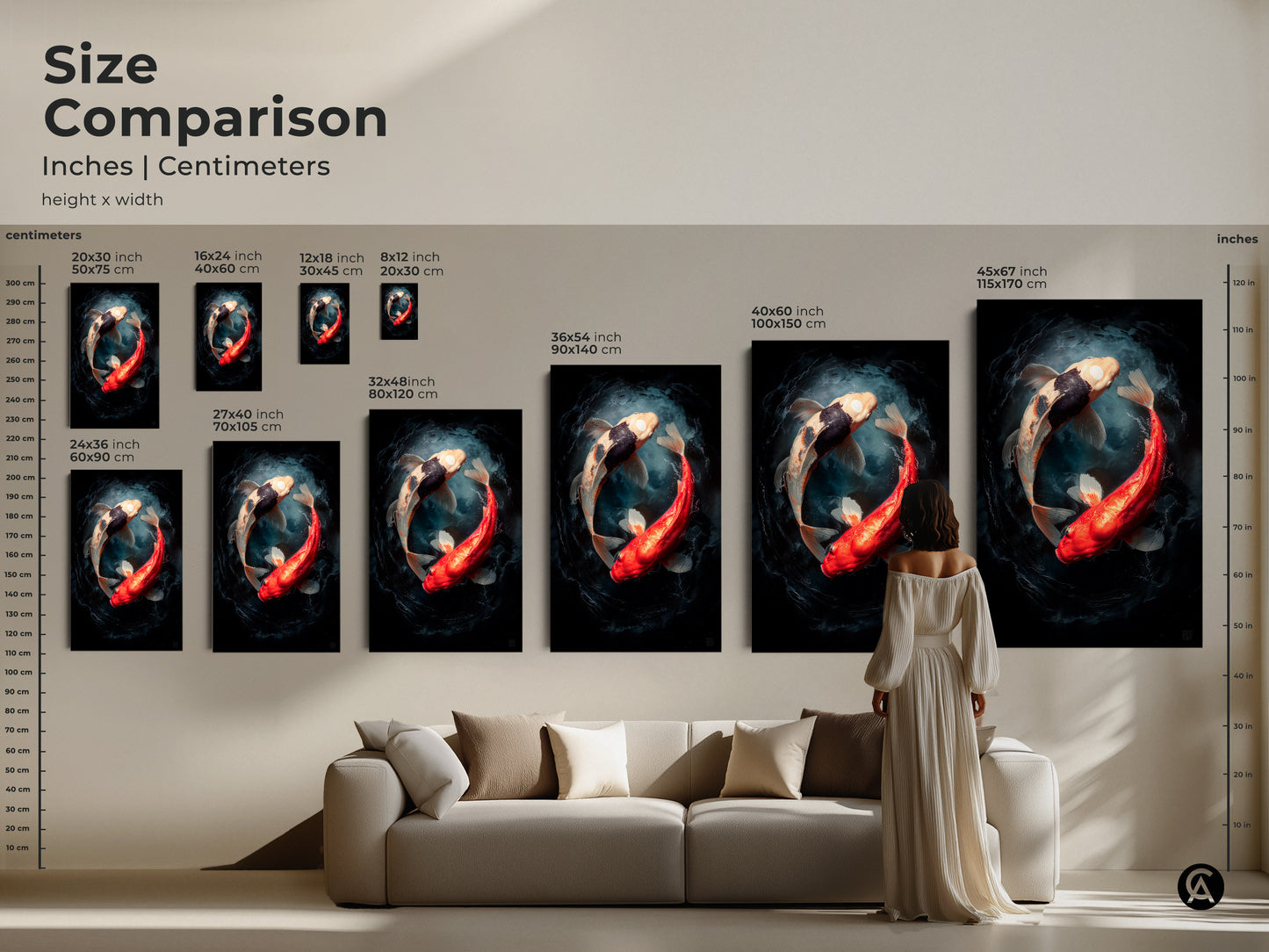 Size comparison of art prints in inches and centimeters. The artwork features two koi fish in a yin and yang position. Find the perfect size for your space. Options for canvas and posters are available.