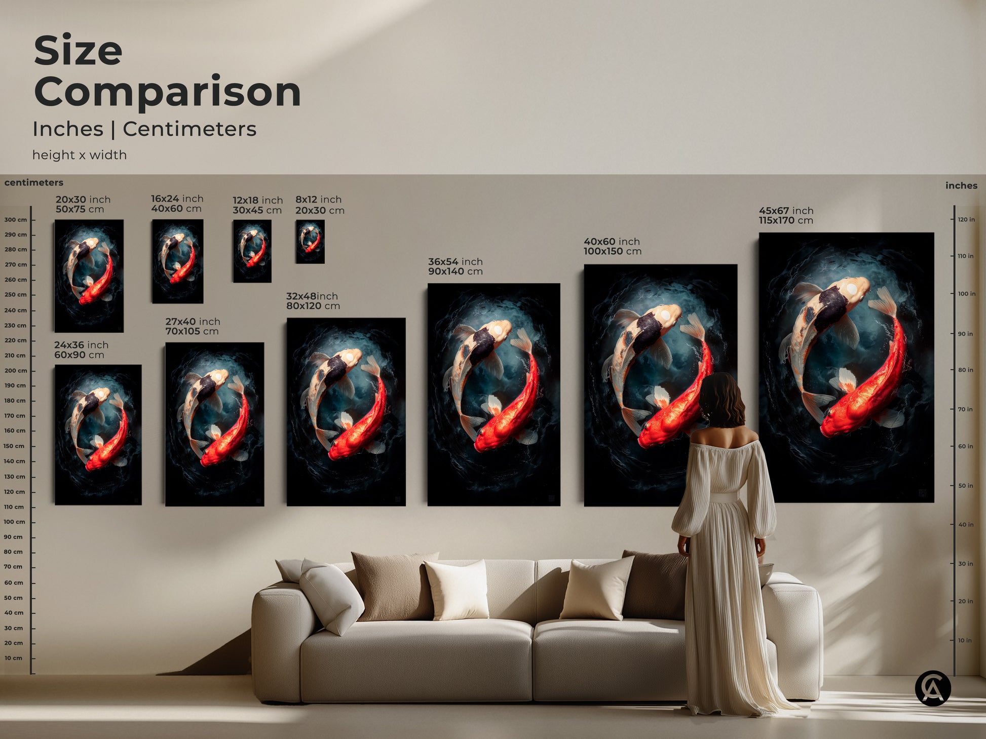 Size comparison of art prints in inches and centimeters. The artwork features two koi fish in a yin and yang position. Find the perfect size for your space. Options for canvas and posters are available.