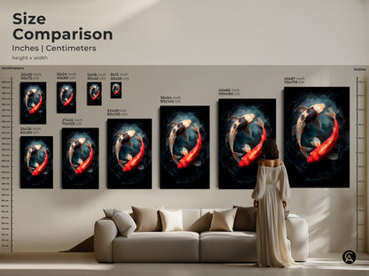 Size comparison of art prints in inches and centimeters. The artwork features two koi fish in a yin and yang position. Find the perfect size for your space. Options for canvas and posters are available.