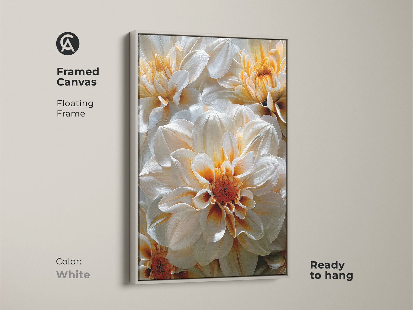 White framed canvas showcasing a detailed floral artwork of dahlia flowers. Ready to hang this flower canvas adds a fresh touch to any space. The white floating frame enhances the floral wall art.