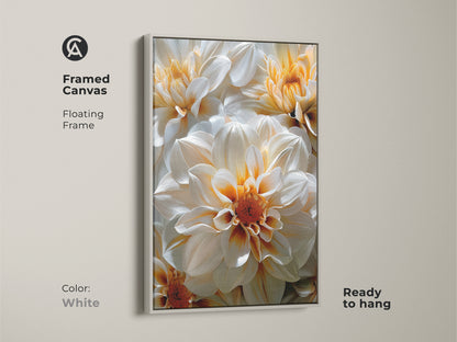 White framed canvas showcasing a detailed floral artwork of dahlia flowers. Ready to hang this flower canvas adds a fresh touch to any space. The white floating frame enhances the floral wall art.