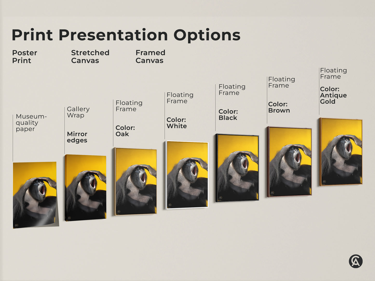 Explore print presentation options. See poster stretched and framed canvas styles. Each features the photorealistic gorilla artwork. Choose from black brown oak white and antique gold frames.