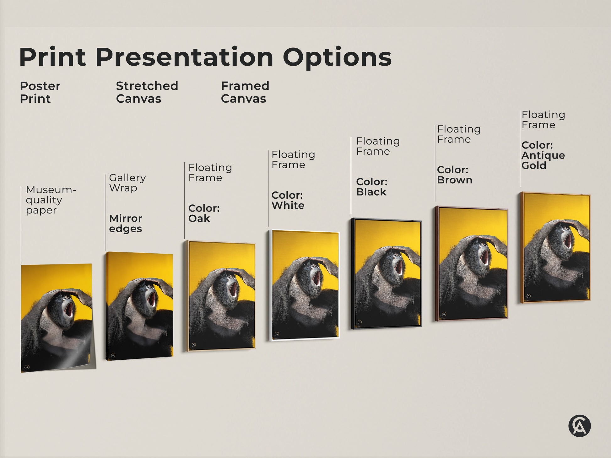 Explore print presentation options. See poster stretched and framed canvas styles. Each features the photorealistic gorilla artwork. Choose from black brown oak white and antique gold frames.