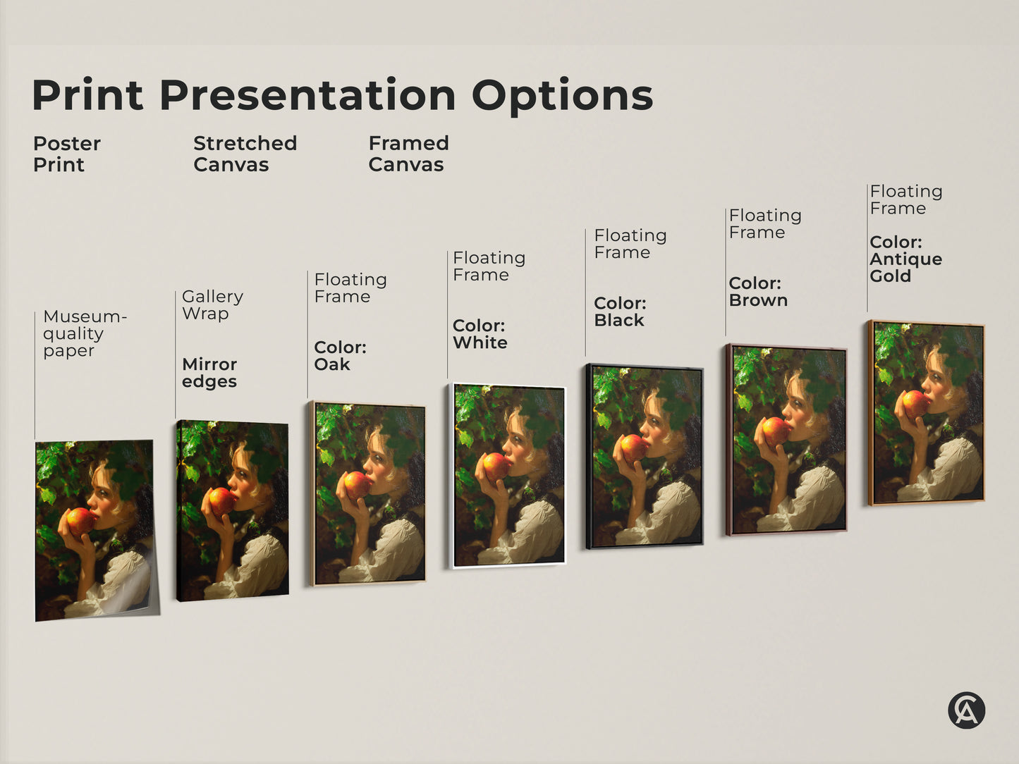 Explore print presentation options for the woman with apple classical realism artwork. Choose from poster prints stretched canvas and framed canvas. Find the perfect traditional fine art reproduction to complement your decor.