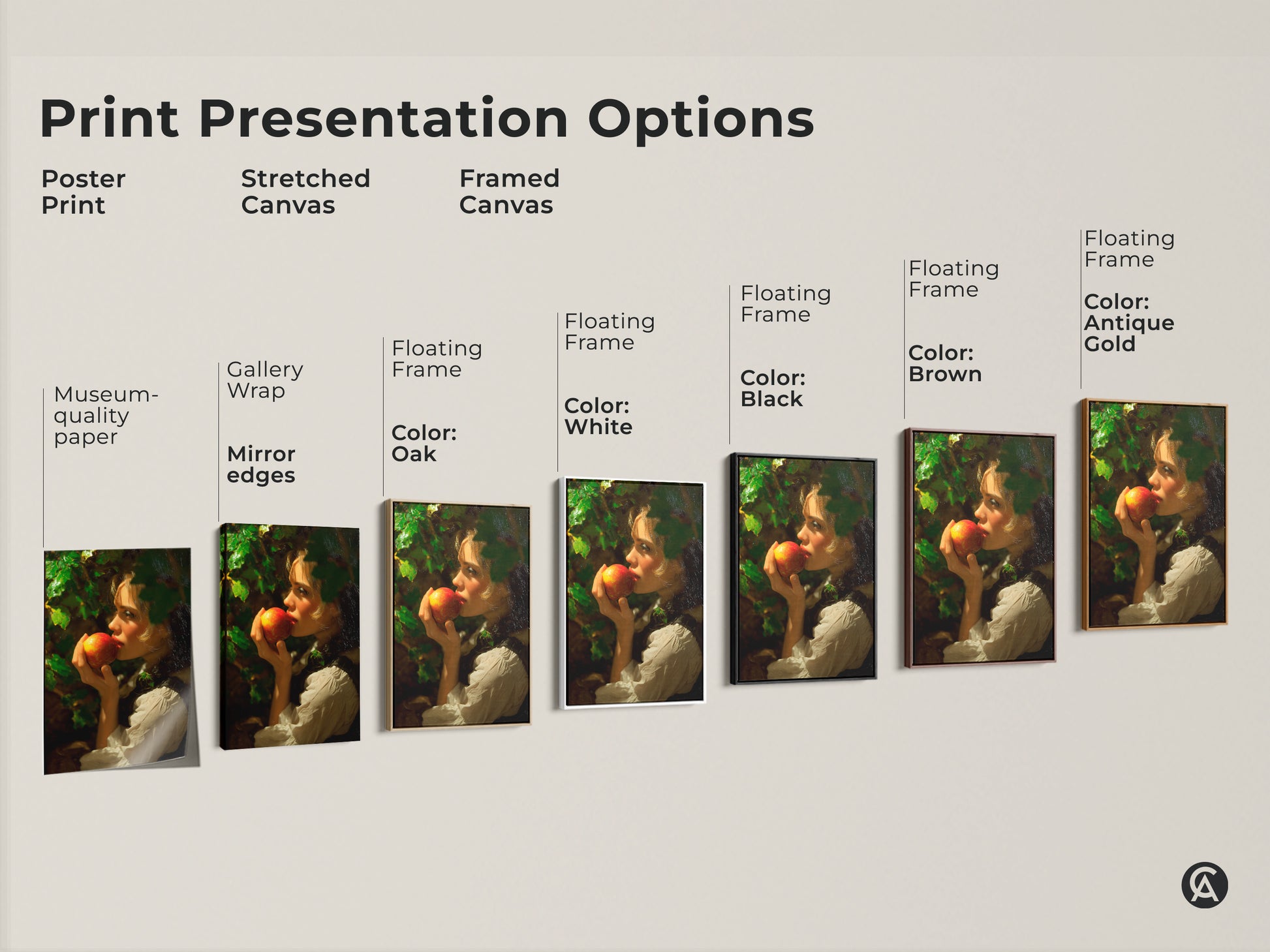 Explore print presentation options for the woman with apple classical realism artwork. Choose from poster prints stretched canvas and framed canvas. Find the perfect traditional fine art reproduction to complement your decor.