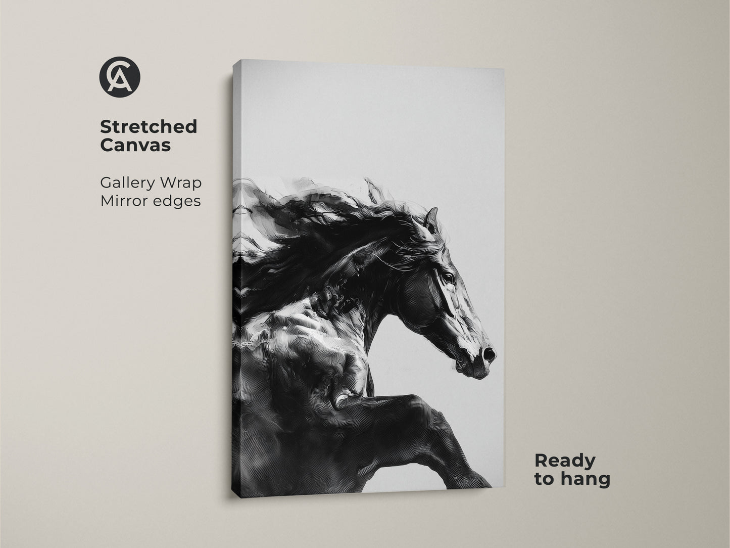 A stunning black and white horse art piece on stretched canvas. The galloping animal canvas is ready to hang with gallery wrapped mirror edges. This equine wall art decor adds a touch of modern sophistication. Perfect for equestrian home decor. It captures the motion and beauty of a wild horse.