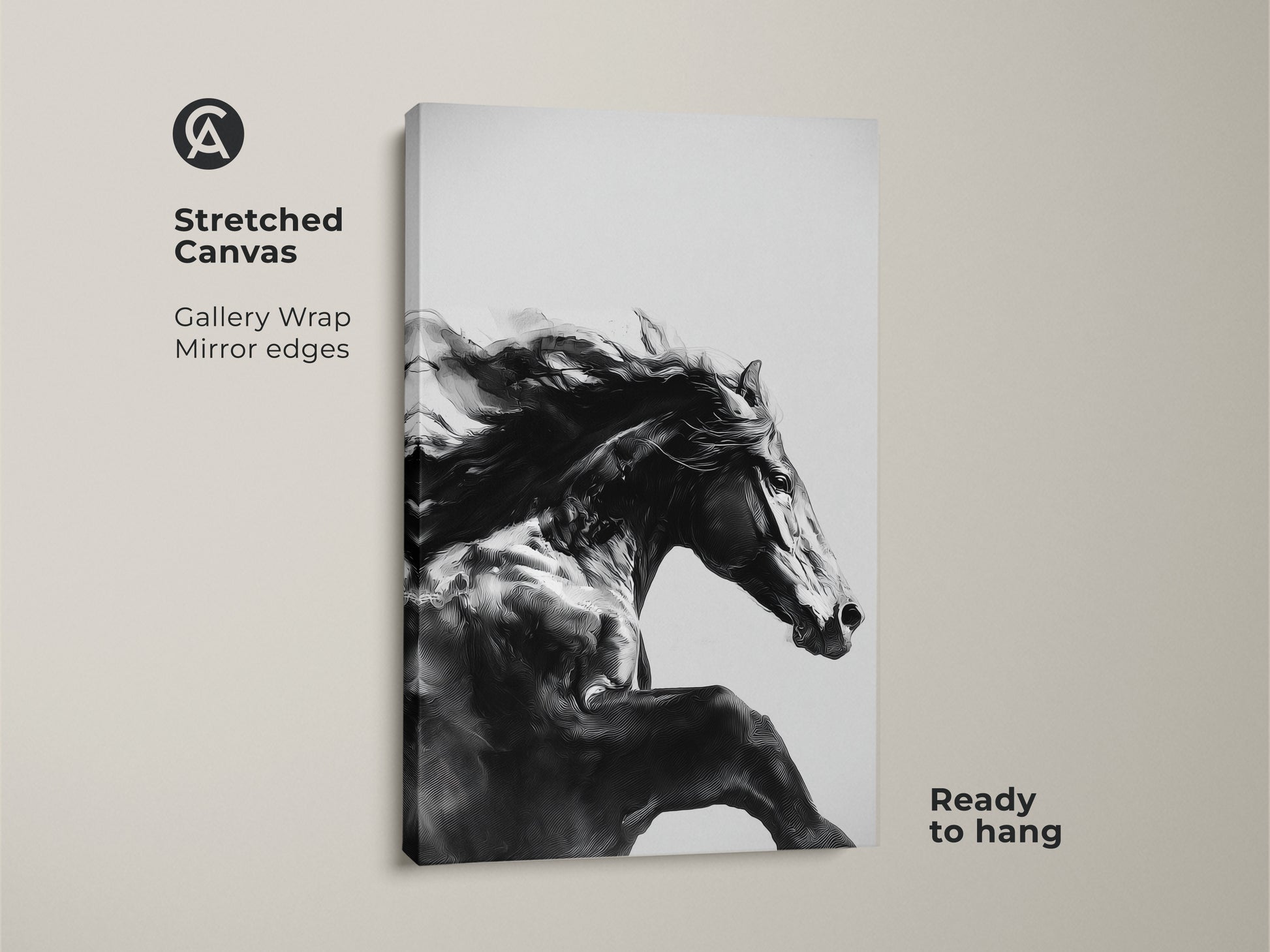 A stunning black and white horse art piece on stretched canvas. The galloping animal canvas is ready to hang with gallery wrapped mirror edges. This equine wall art decor adds a touch of modern sophistication. Perfect for equestrian home decor. It captures the motion and beauty of a wild horse.