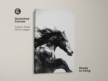 A stunning black and white horse art piece on stretched canvas. The galloping animal canvas is ready to hang with gallery wrapped mirror edges. This equine wall art decor adds a touch of modern sophistication. Perfect for equestrian home decor. It captures the motion and beauty of a wild horse.
