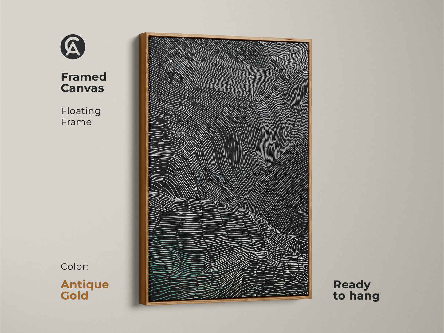 This framed canvas art has an antique gold floating frame. It features abstract black white and teal lines. The modern artwork is ready to hang. The minimalist art adds a sophisticated touch to any room. It's perfect for modern living.