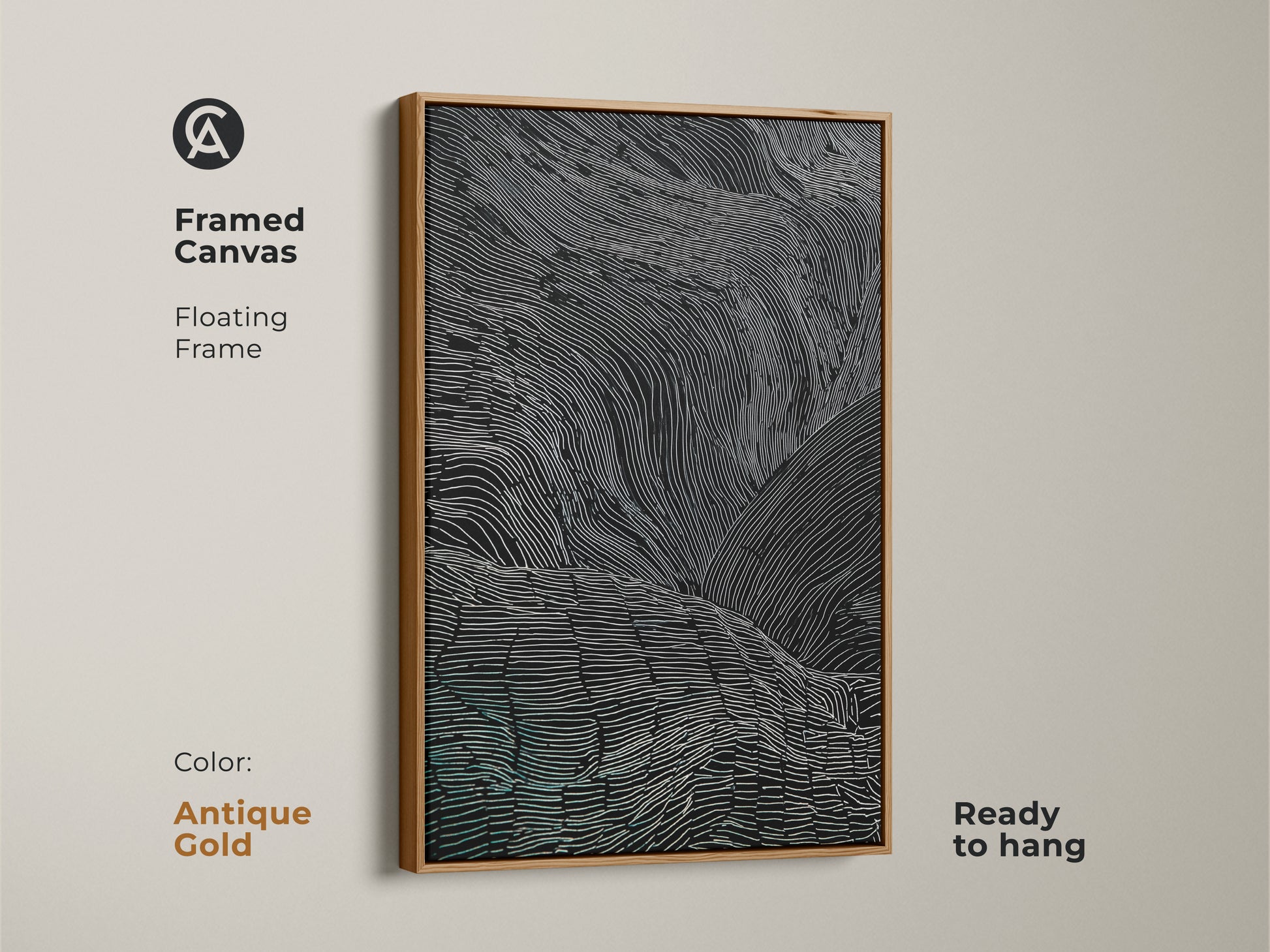 This framed canvas art has an antique gold floating frame. It features abstract black white and teal lines. The modern artwork is ready to hang. The minimalist art adds a sophisticated touch to any room. It's perfect for modern living.