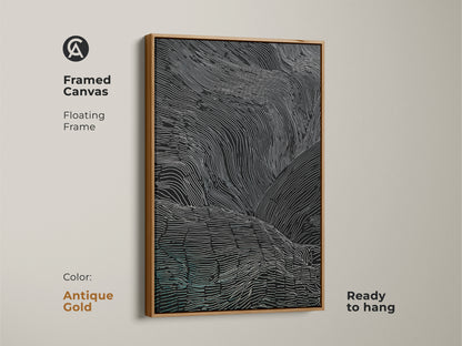 This framed canvas art has an antique gold floating frame. It features abstract black white and teal lines. The modern artwork is ready to hang. The minimalist art adds a sophisticated touch to any room. It's perfect for modern living.