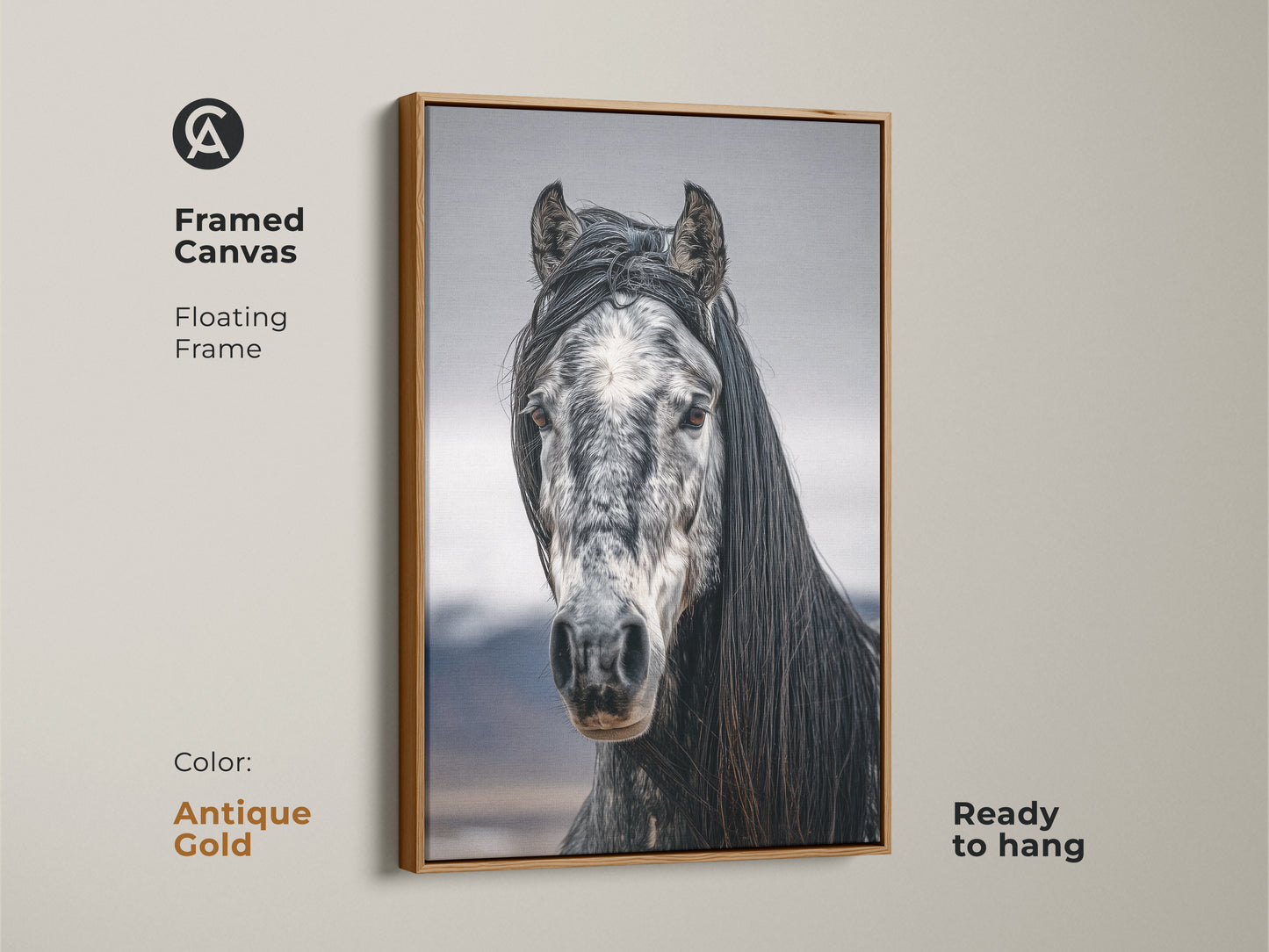 Framed canvas with a floating frame in antique gold. Black and white horse art for rustic bedroom wall decor. Ready to hang equestrian gift for her. Photorealistic horse canvas print.
