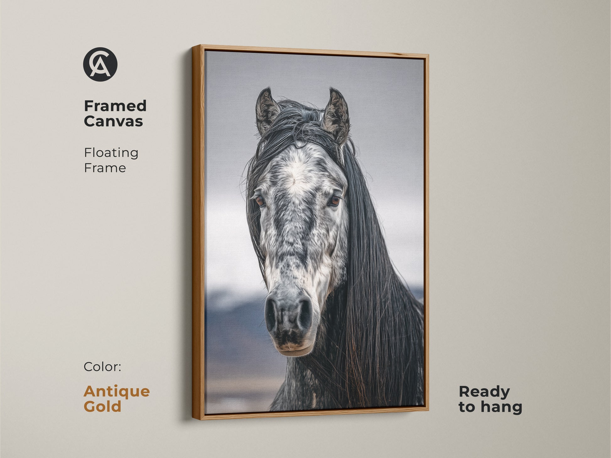 Framed canvas with a floating frame in antique gold. Black and white horse art for rustic bedroom wall decor. Ready to hang equestrian gift for her. Photorealistic horse canvas print.