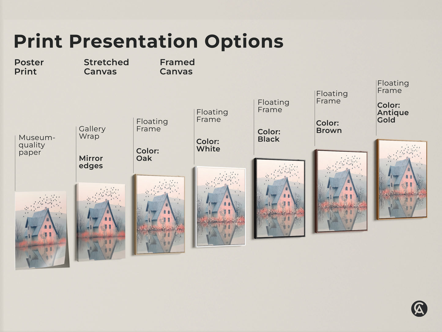 Print presentation options. Poster Print and Stretched Canvas. Framed Canvas in white black brown antique gold and oak. See our cozy bedroom art and find the ideal artwork.