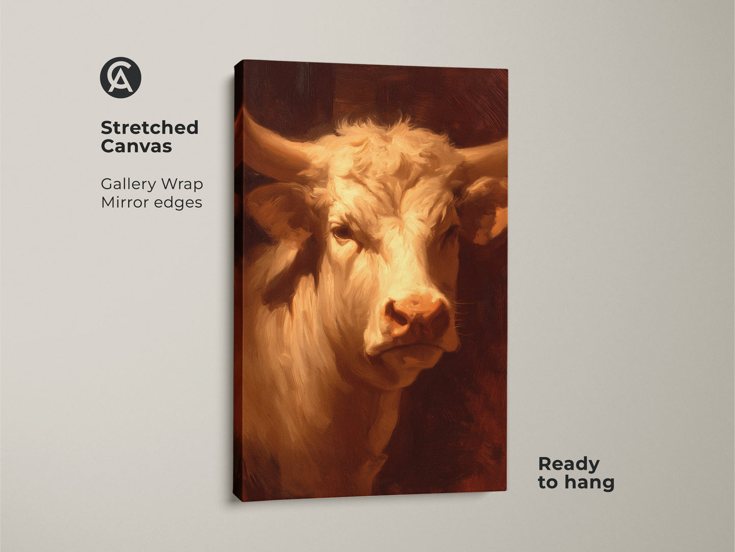A stretched canvas print featuring a stunning bull. The artwork has mirror edges and is ready to hang. The gallery wrapped canvas will elevate your home decor. This unique artwork is perfect for any room.