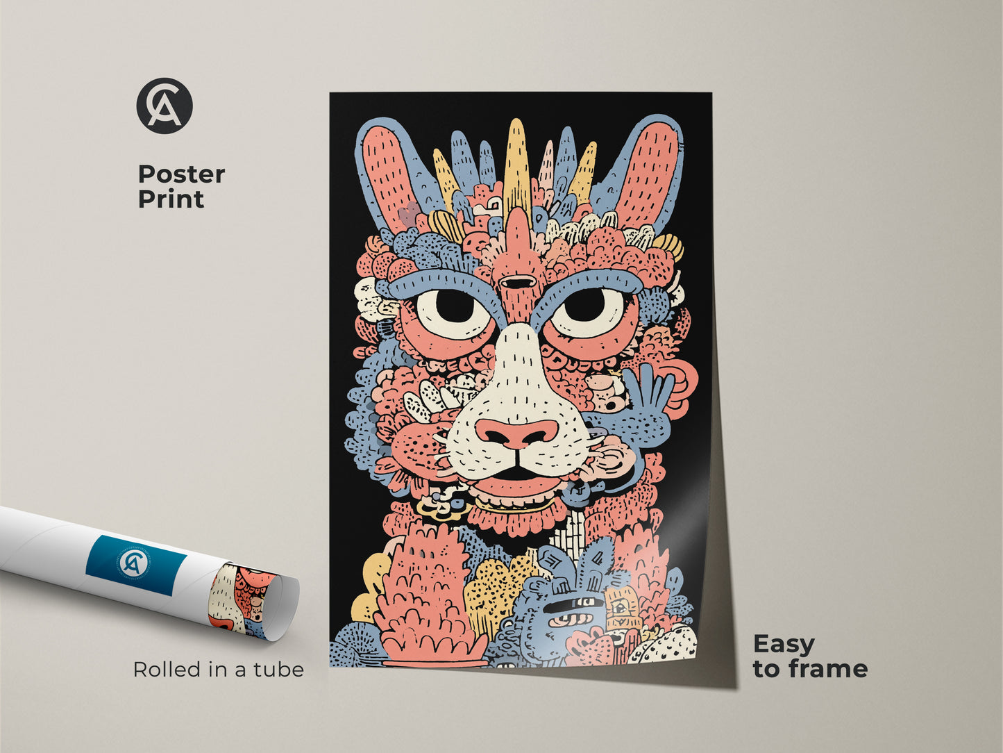Poster print of a whimsical cat artwork. This animal doodle print features an abstract monster. Its coral yellow and blue colors make it a vibrant addition to any room. Easy to frame this illustrated animal poster is a unique decor piece.