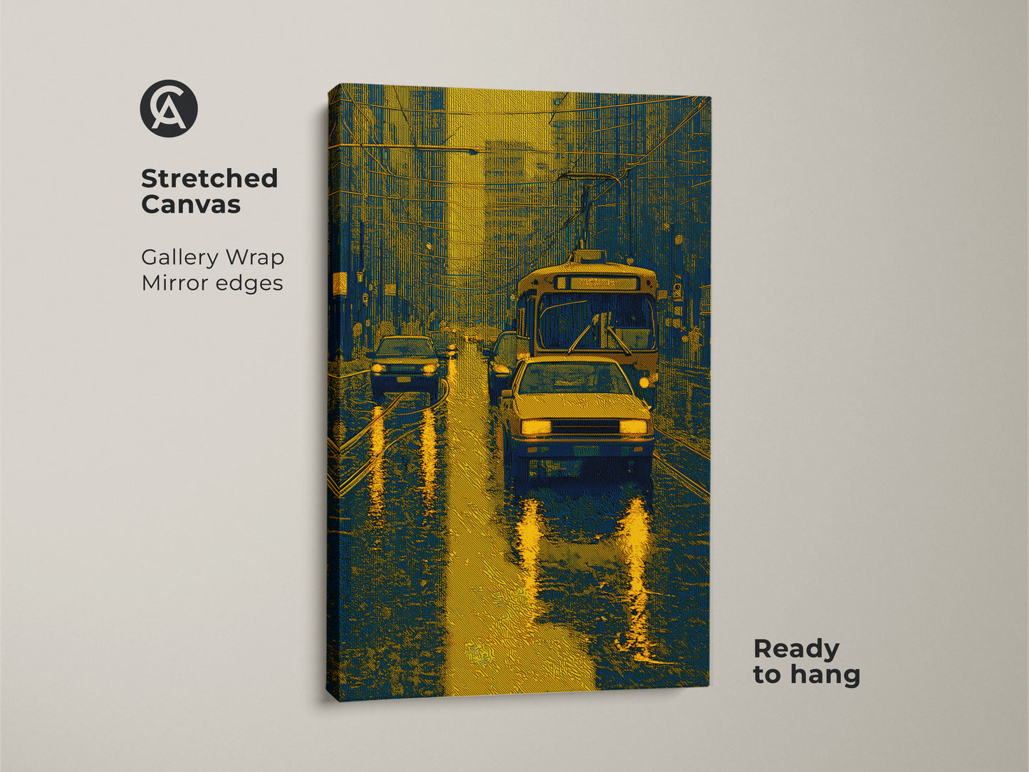 This is a gallery-wrapped canvas print of a rainy city street. The artwork features a bus and cars in a striking blue and gold color scheme. Ready to hang this canvas adds a modern touch to any room with its mirror edges.