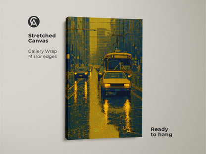 This is a gallery-wrapped canvas print of a rainy city street. The artwork features a bus and cars in a striking blue and gold color scheme. Ready to hang this canvas adds a modern touch to any room with its mirror edges.