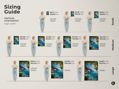 Sizing guide for vertical orientation artwork. Find canvas and poster options in various sizes. Small sizes include 8x12 inch and 12x18 inch. Medium sizes range from 20x30 inch to 32x48 inch. Large sizes include 36x54 inch and 40x60 inch. The historical maritime art features a warrior on a sailing ship