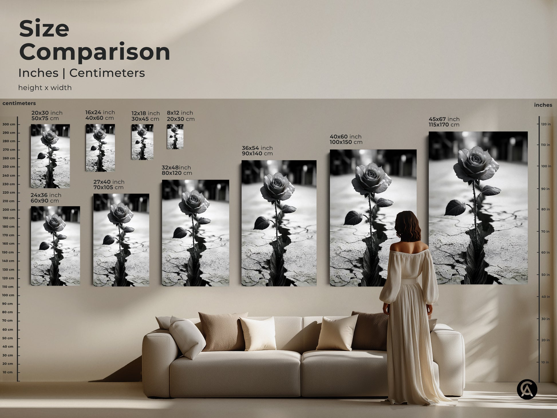 Size comparison of monochrome rose art prints in inches and centimeters. Various sizes displayed above a sofa. Features a rose growing from cracked ground. A contemporary piece symbolizing resilience. Perfect as a housewarming gift or for adding modern surrealist decor to a living room.