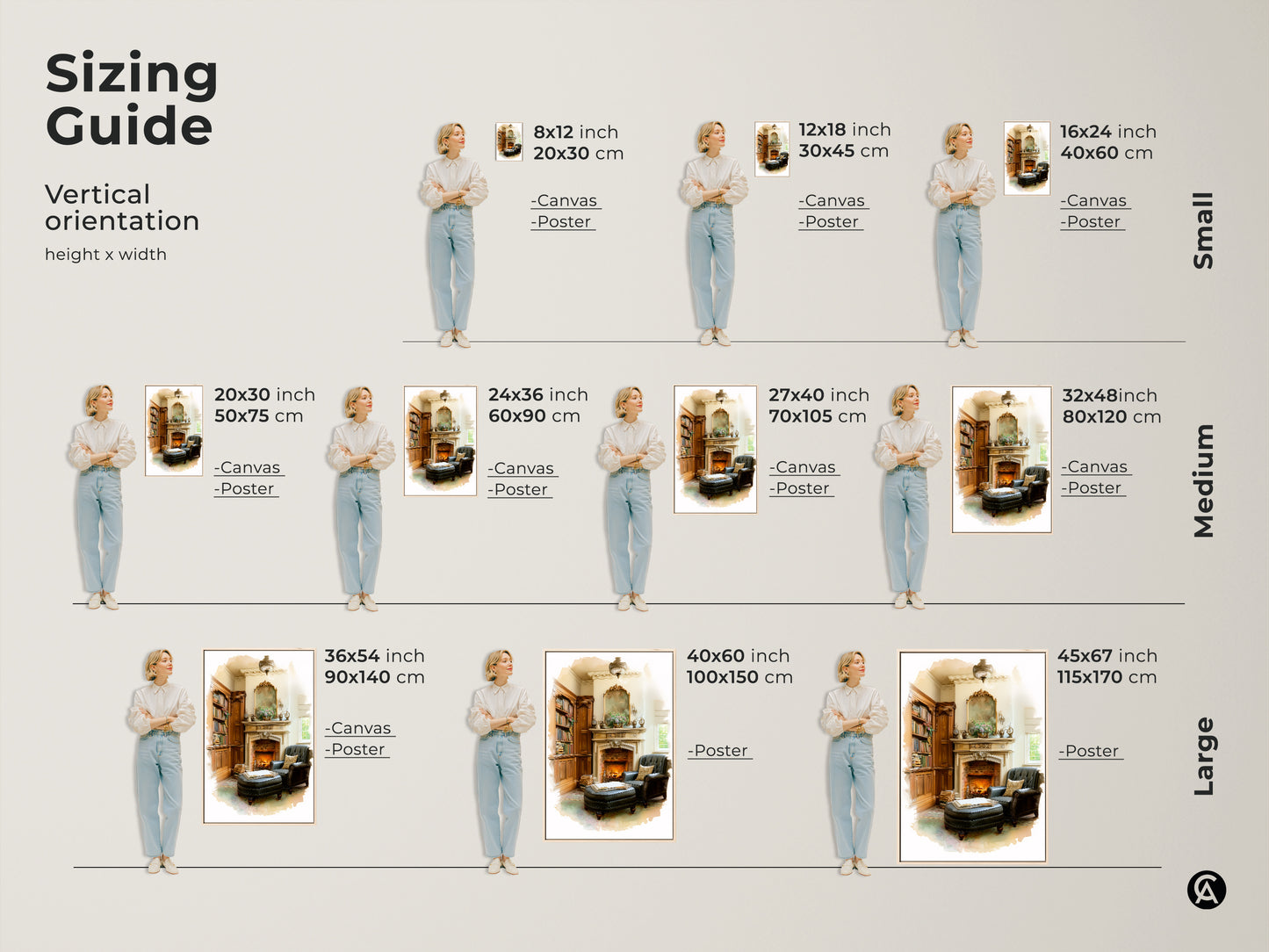 Sizing guide showing the vertical orientation of this artwork in various dimensions. Available as canvas or poster to fit any space. See how the cozy library print looks in different sizes. A great housewarming gift art. Showcase this traditional study decor beautifully in your home.