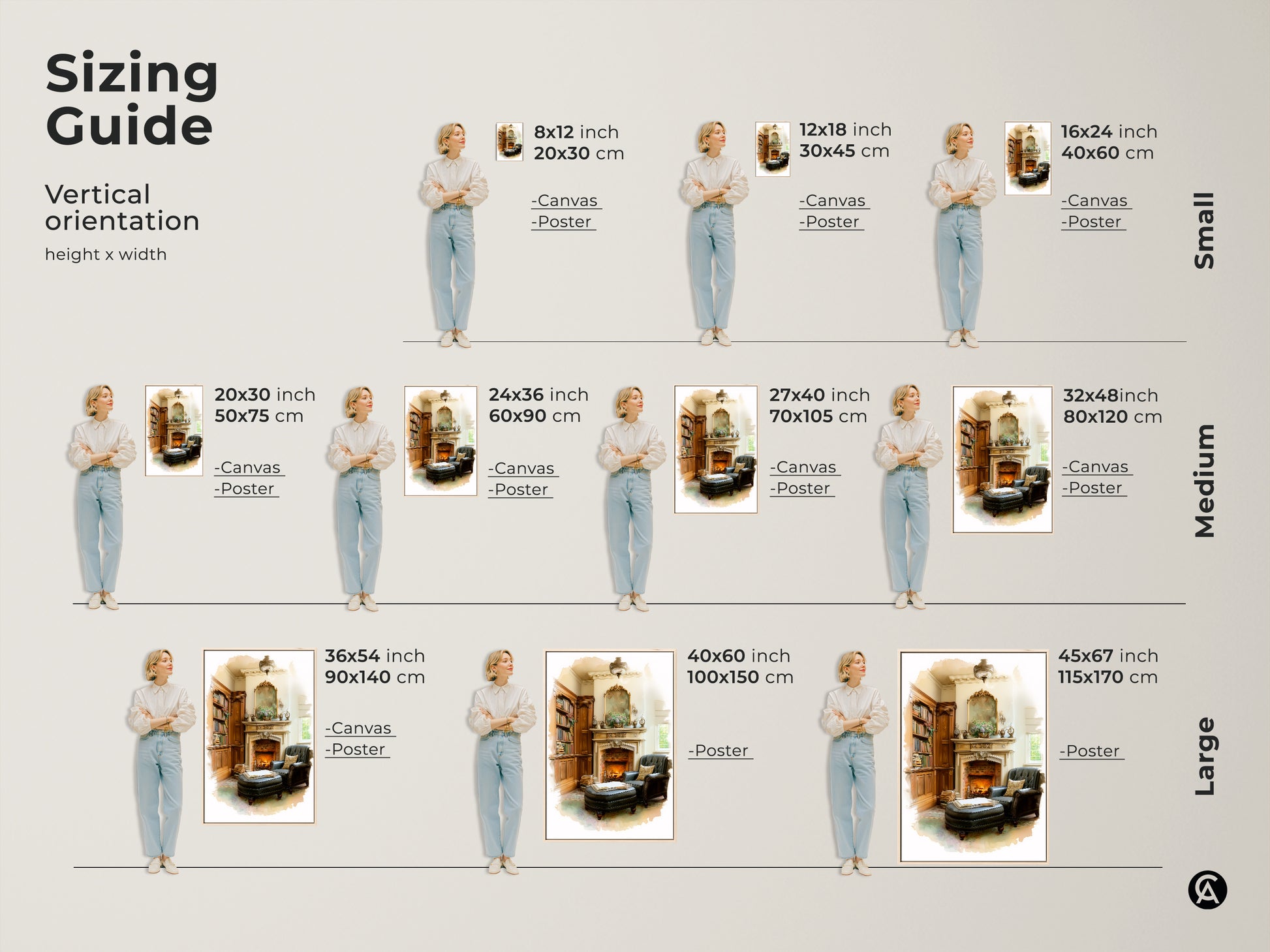 Sizing guide showing the vertical orientation of this artwork in various dimensions. Available as canvas or poster to fit any space. See how the cozy library print looks in different sizes. A great housewarming gift art. Showcase this traditional study decor beautifully in your home.
