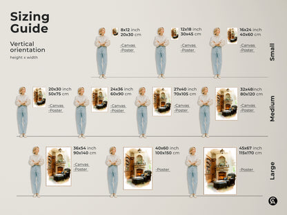 Sizing guide showing the vertical orientation of this artwork in various dimensions. Available as canvas or poster to fit any space. See how the cozy library print looks in different sizes. A great housewarming gift art. Showcase this traditional study decor beautifully in your home.