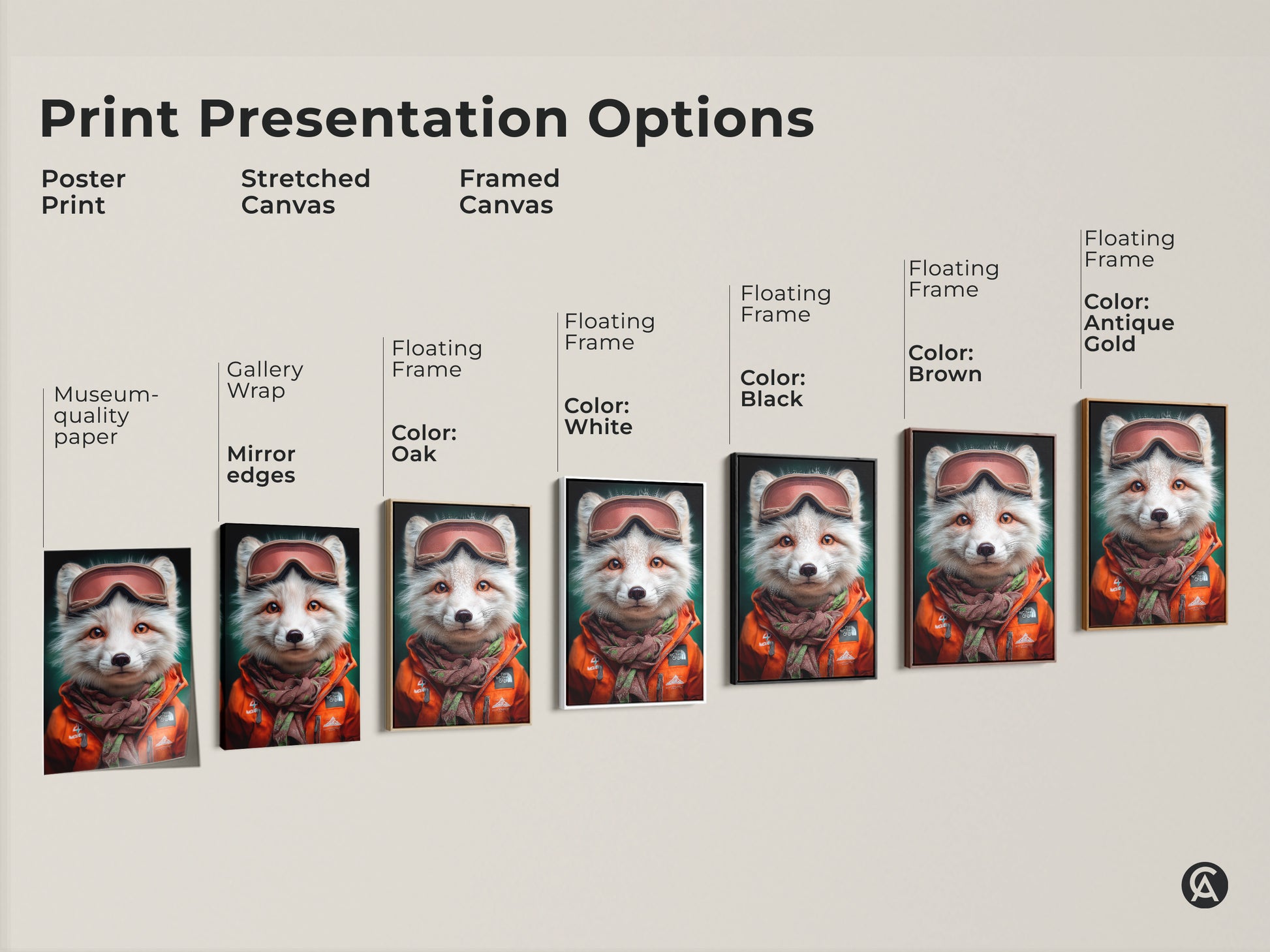 Explore print presentation options for this fox with ski goggles artwork. See available formats like poster print stretched canvas and framed canvas. This winter wildlife art offers gallery wrap museum-quality paper and floating frames. The eclectic animal art suits any decor style.
