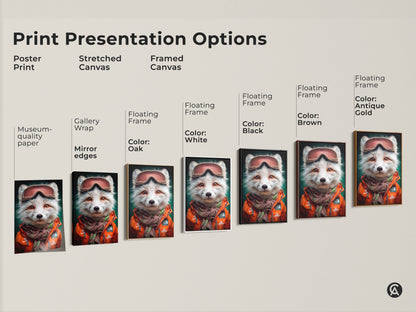Explore print presentation options for this fox with ski goggles artwork. See available formats like poster print stretched canvas and framed canvas. This winter wildlife art offers gallery wrap museum-quality paper and floating frames. The eclectic animal art suits any decor style.