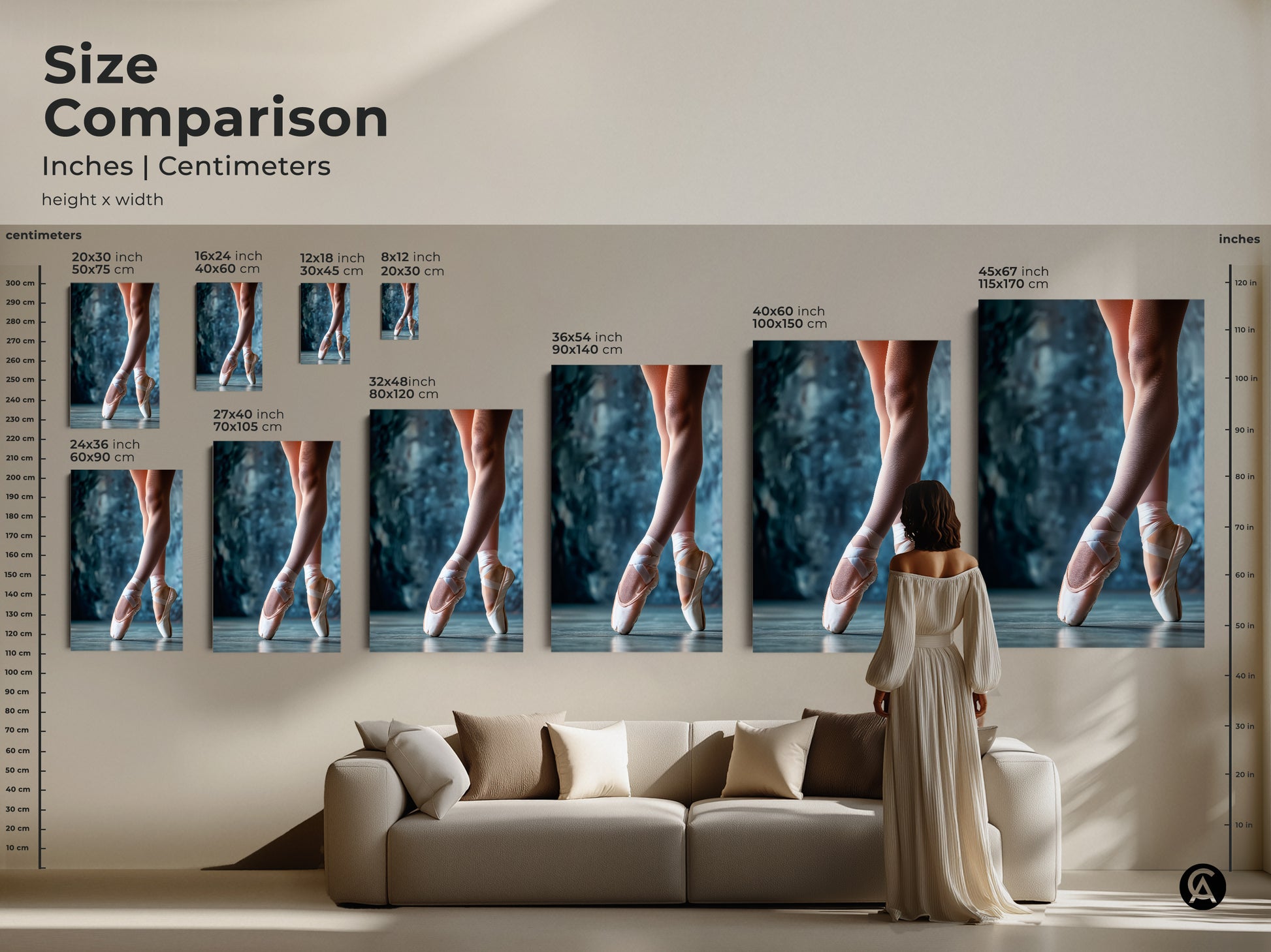 Size comparison of ballet shoes artwork in inches and centimeters. See how the art looks in different sizes above a sofa. Choose from various dimensions to complement your living space decor.