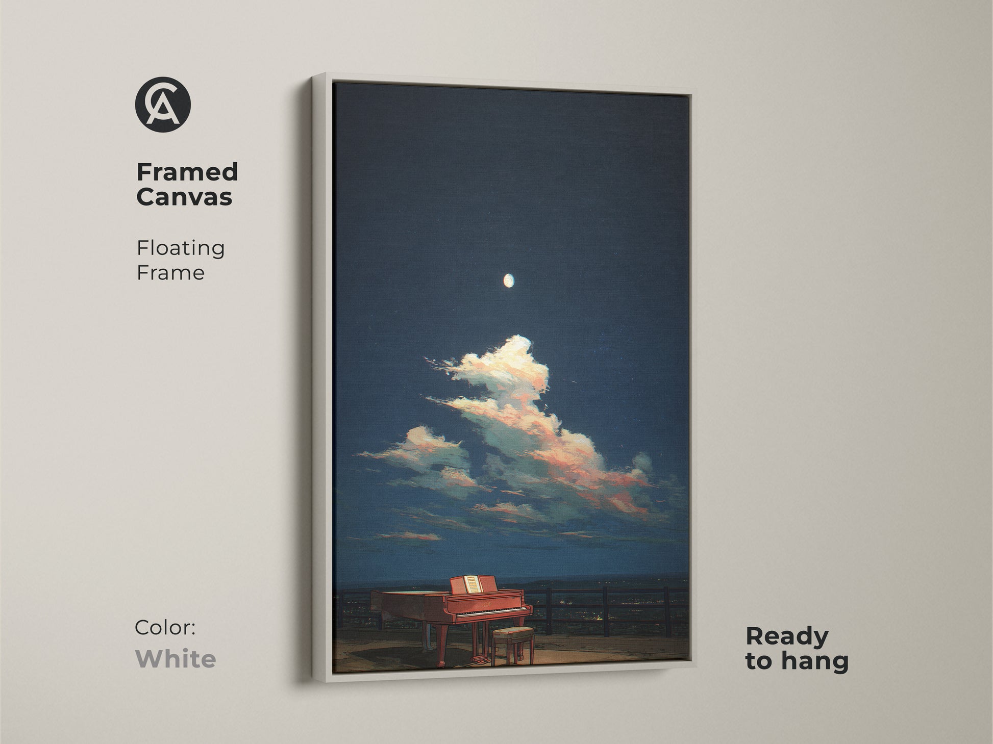 A framed canvas shows a surreal grand piano under a moonlit night sky. The white floating frame offers a clean look. Ready to hang it is perfect for eclectic spaces. Pink and blue clouds create a dreamy scene. It is a unique gift for music lovers. This artwork enhances any room.
