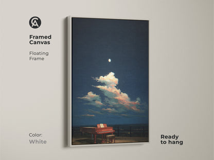 A framed canvas shows a surreal grand piano under a moonlit night sky. The white floating frame offers a clean look. Ready to hang it is perfect for eclectic spaces. Pink and blue clouds create a dreamy scene. It is a unique gift for music lovers. This artwork enhances any room.