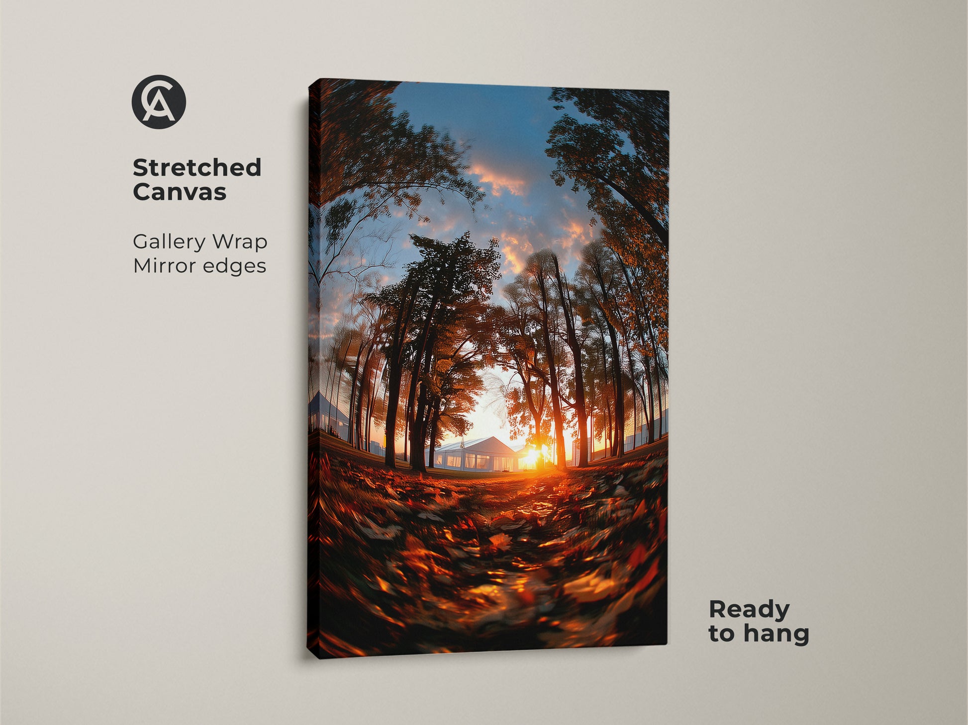 Stretched canvas gallery wrap artwork of a sunset through trees. The image features mirror edges. The sun shines behind a distant house. Fallen leaves are on the ground. This nature art adds warmth to any room. It is ready to hang.