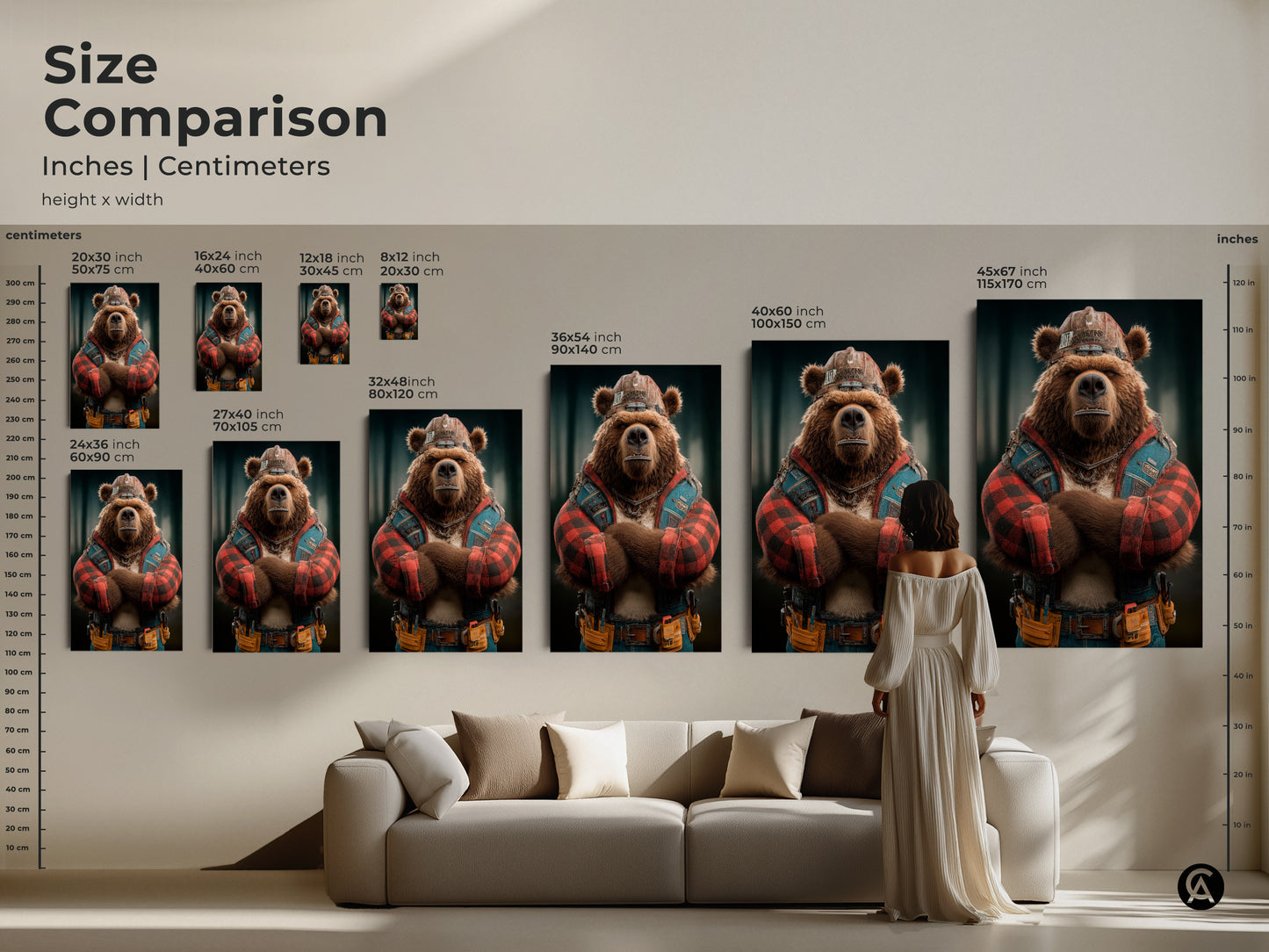 Size Comparison of Industrial Bear artwork. Inches and centimeters are shown. Artwork sizes vary Great poster art for men. Unique art print gift. Construction themed art for your home decor animal theme and workshop